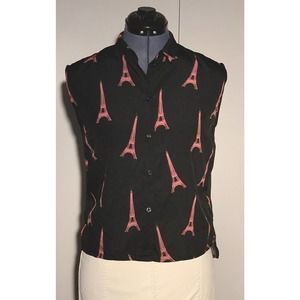 Eiffel Tower Print Paris Pink H&M Black Sleeveless Button Down Blouse Top Small